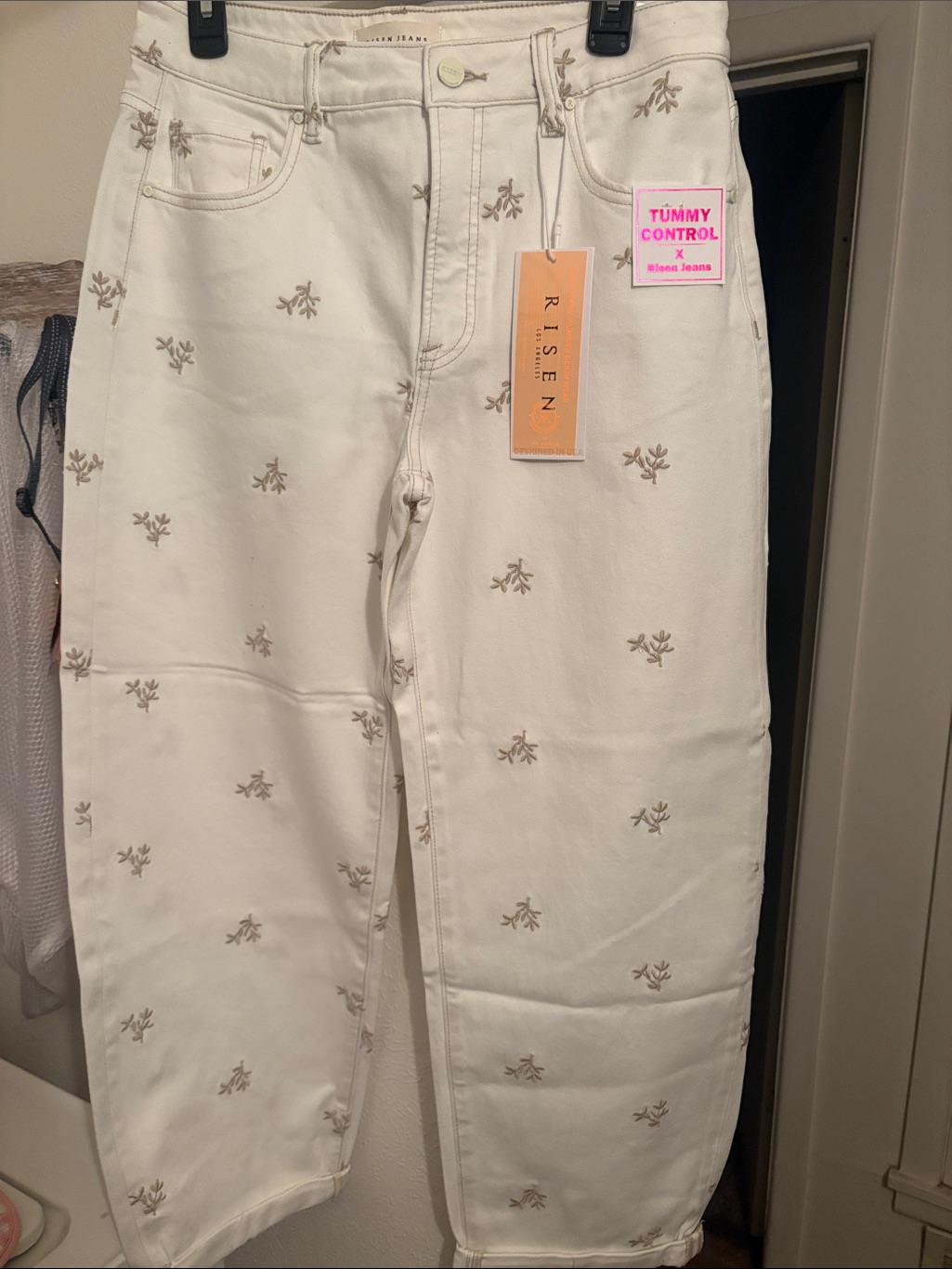 Risen Cream Leaf Embroidered Barrel Pants